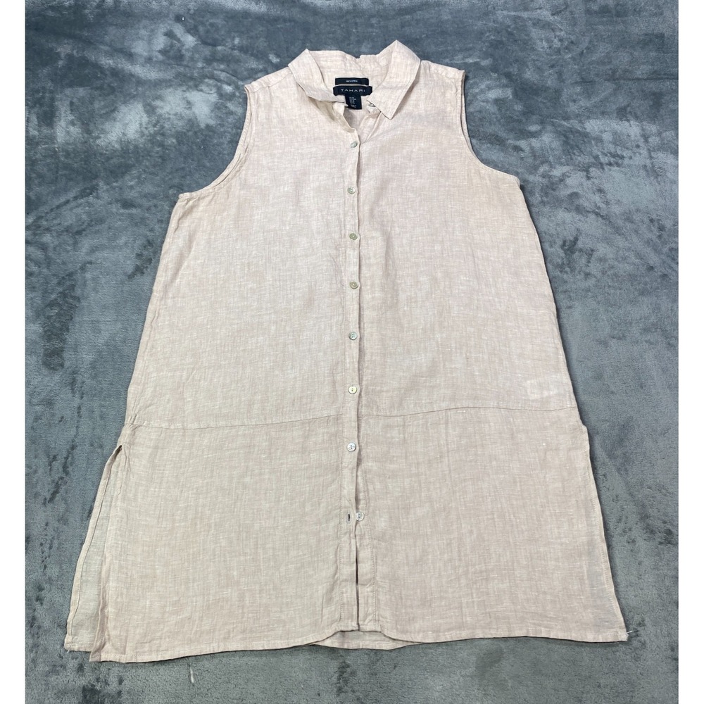 Tahari Shirt Dress Womens Medium Beige Sleeveless 100% Linen Coastal Beach Slit